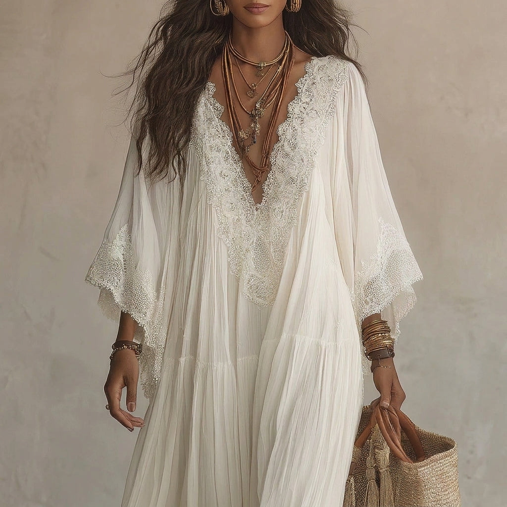 Grosseto | Vestido largo con mangas murciélago y encaje