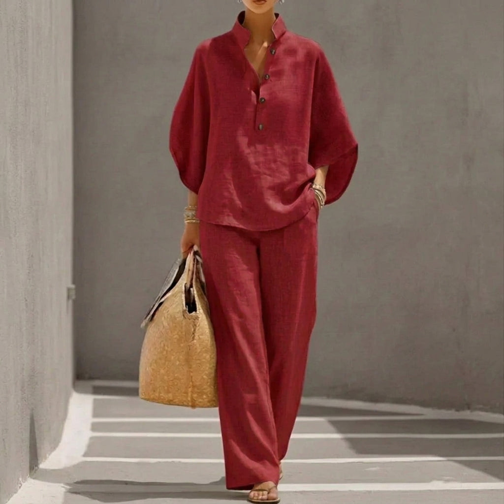 Maribel | Conjunto de lino con mangas tipo murciélago y pantalón ancho