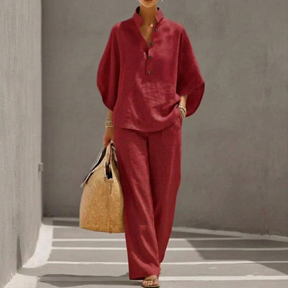 Maribel | Conjunto de lino con mangas tipo murciélago y pantalón ancho