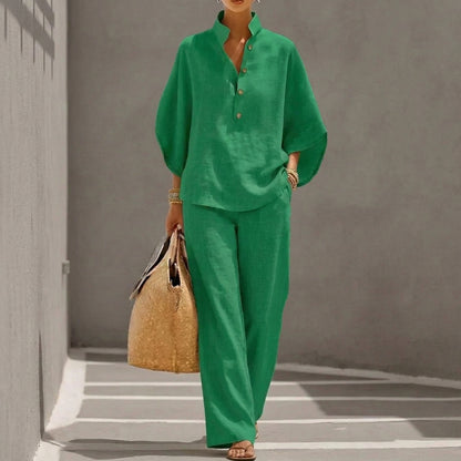 Maribel | Conjunto de lino con mangas tipo murciélago y pantalón ancho