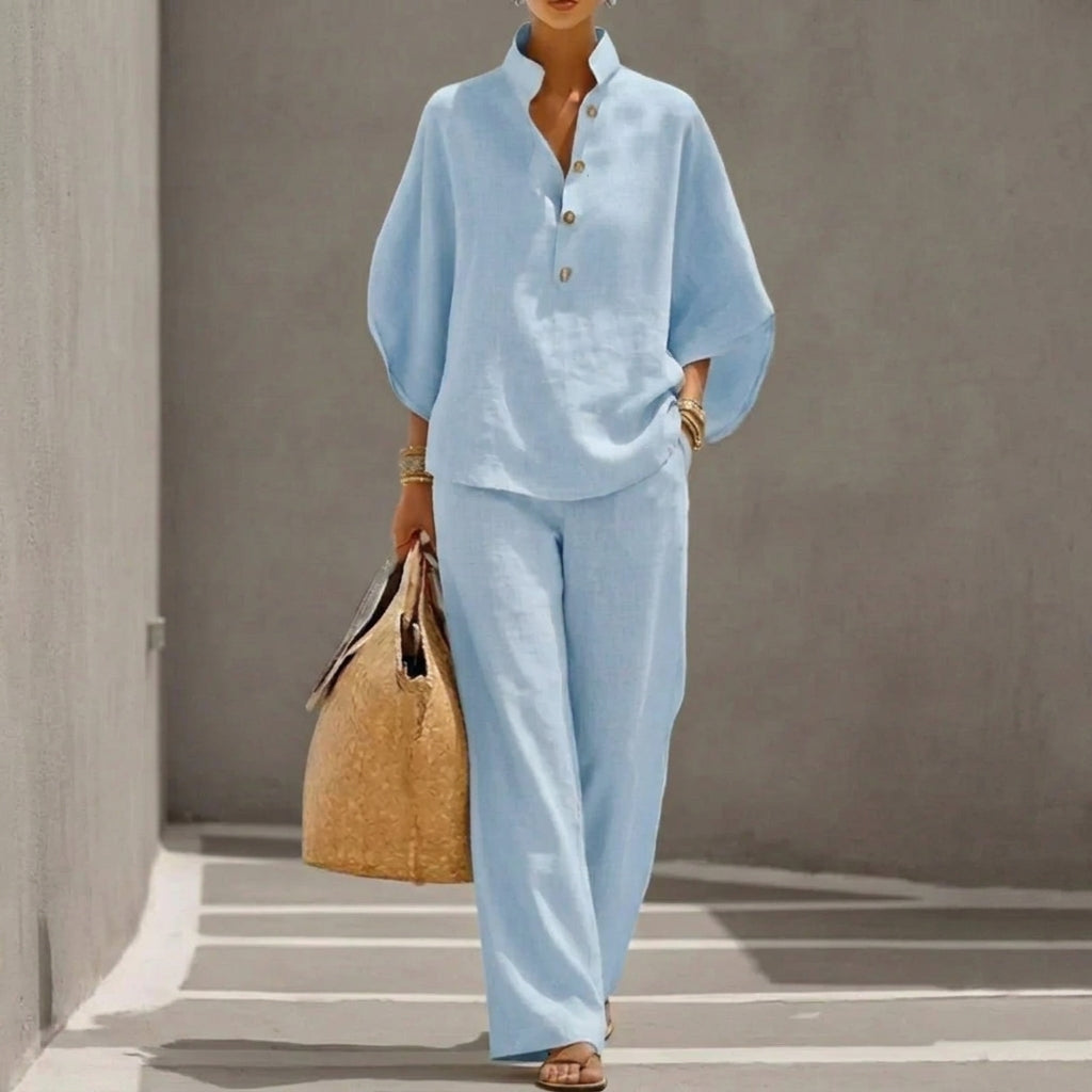 Maribel | Conjunto de lino con mangas tipo murciélago y pantalón ancho