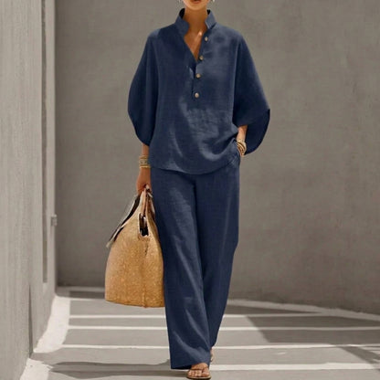 Maribel | Conjunto de lino con mangas tipo murciélago y pantalón ancho