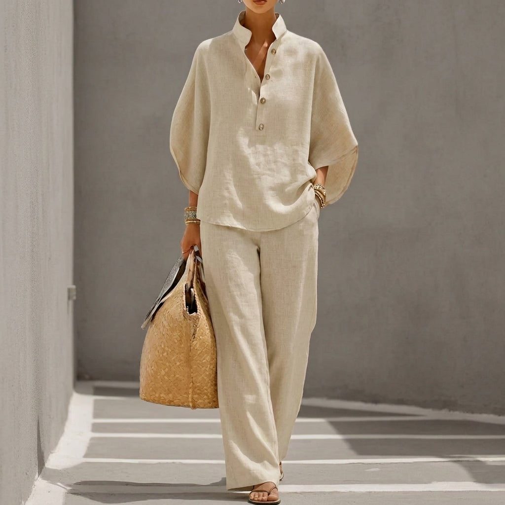 Maribel | Conjunto de lino con mangas tipo murciélago y pantalón ancho