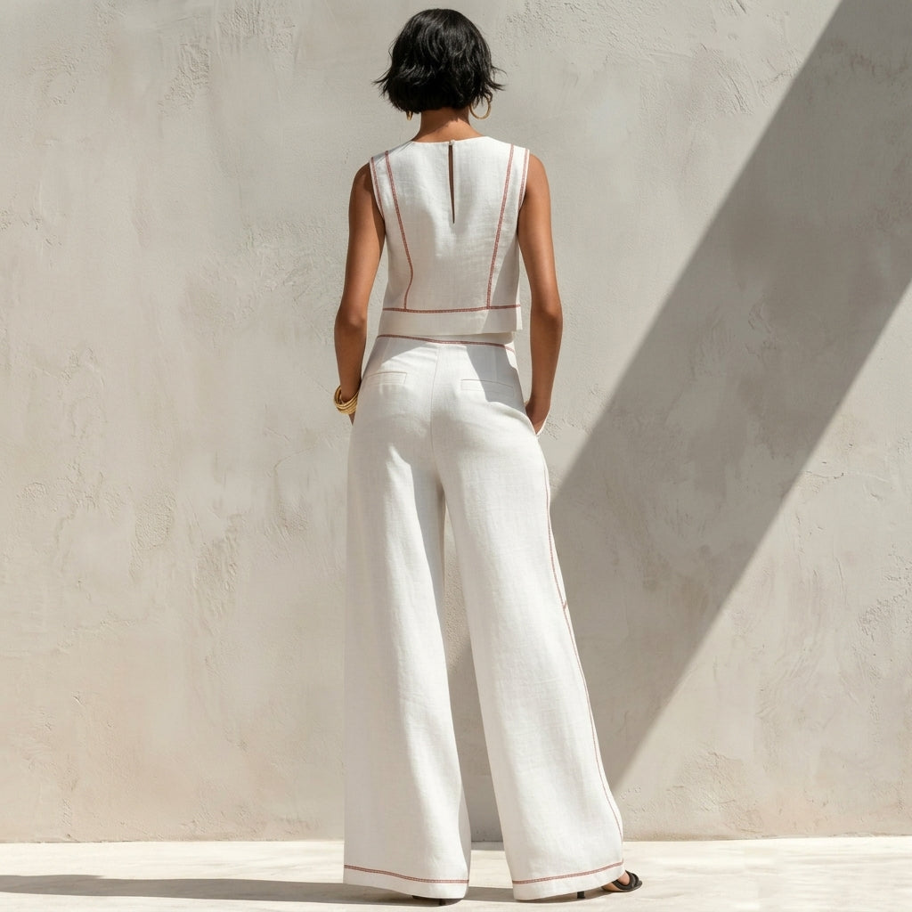 Rufina | Conjunto blanco con top sin mangas y pantalón de pierna ancha