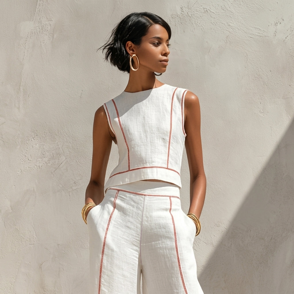 Rufina | Conjunto blanco con top sin mangas y pantalón de pierna ancha