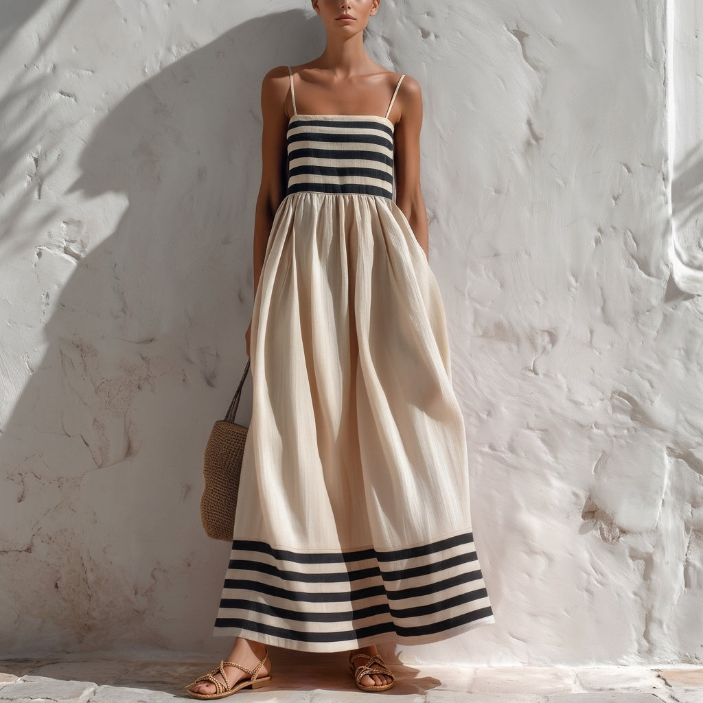 Sorano | Vestido largo de rayas negras y beige con tirantes delgados
