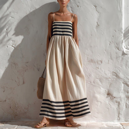 Sorano | Vestido largo de rayas negras y beige con tirantes delgados