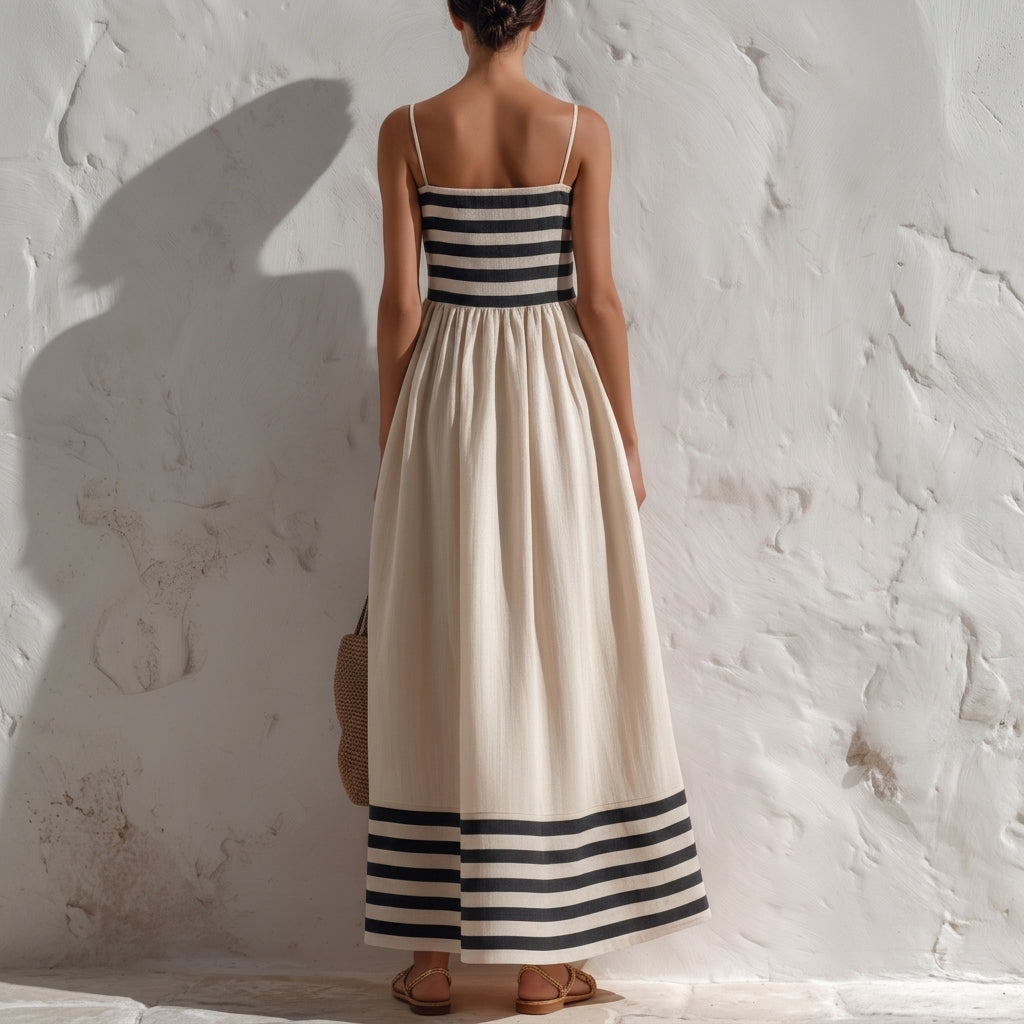 Sorano | Vestido largo de rayas negras y beige con tirantes delgados