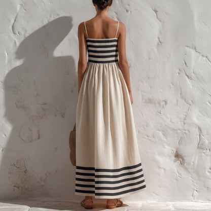 Sorano | Vestido largo de rayas negras y beige con tirantes delgados