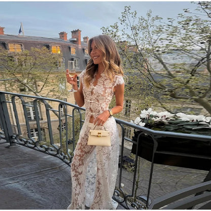 Rossella - Conjunto romántico de encaje floral con top y pantalón largo
