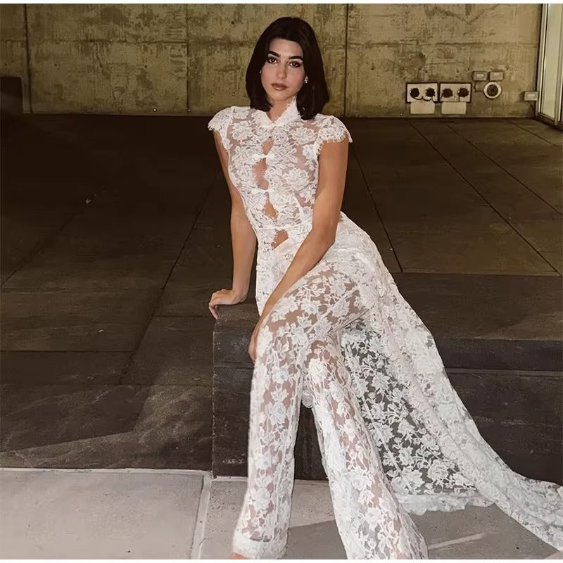 Rossella - Conjunto romántico de encaje floral con top y pantalón largo