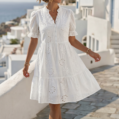 Alma - Vestido Escote en V con Volantes y Mangas Abullonadas