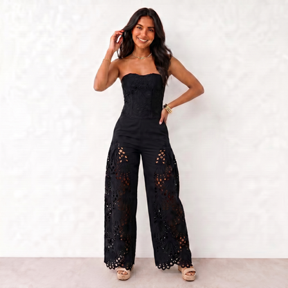 Valeria - Conjunto calado sin tirantes con top y pantalón wide-leg