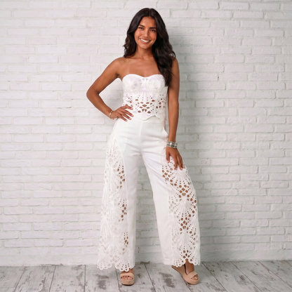 Valeria - Conjunto calado sin tirantes con top y pantalón wide-leg