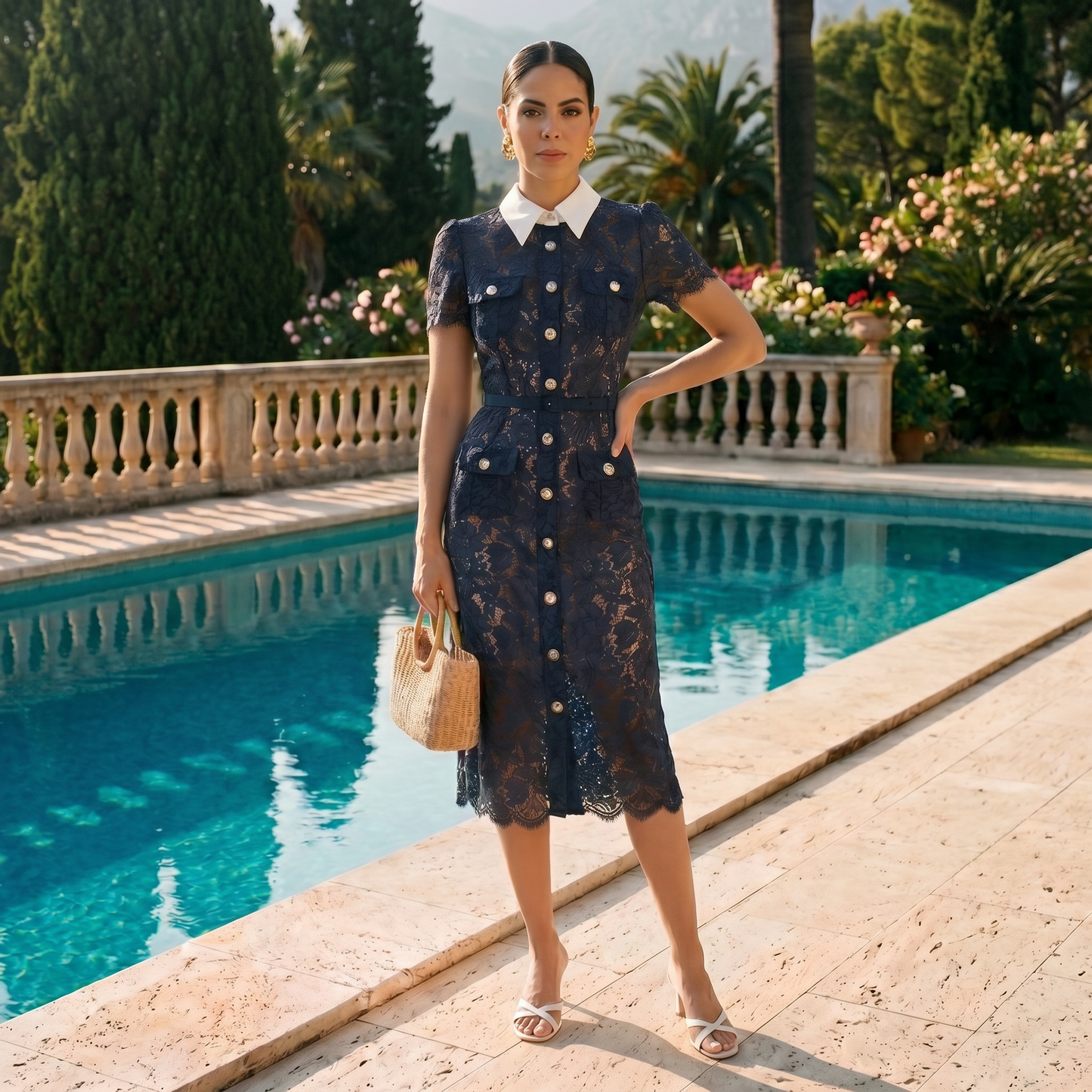 Diana | Vestido midi de encaje floral con cuello camisero y botones dorados