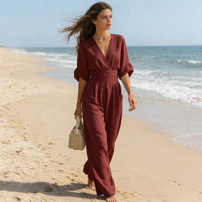 Daniela - Mono elegante de escote en V y pierna ancha